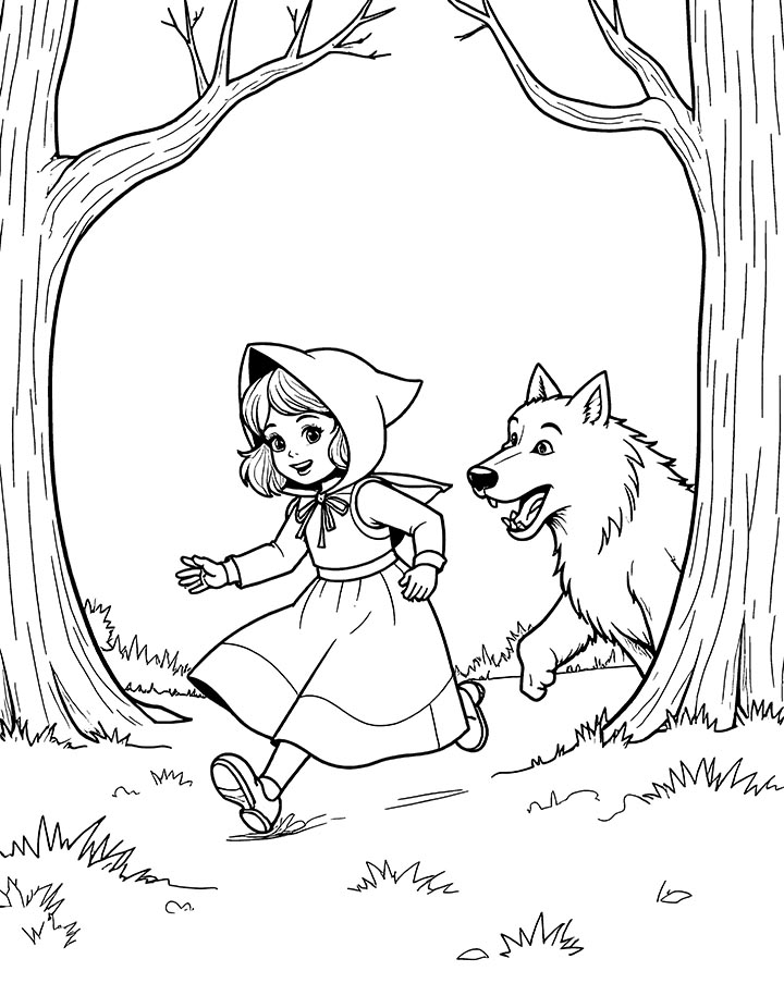 Little Red Riding Hood running from the wolf